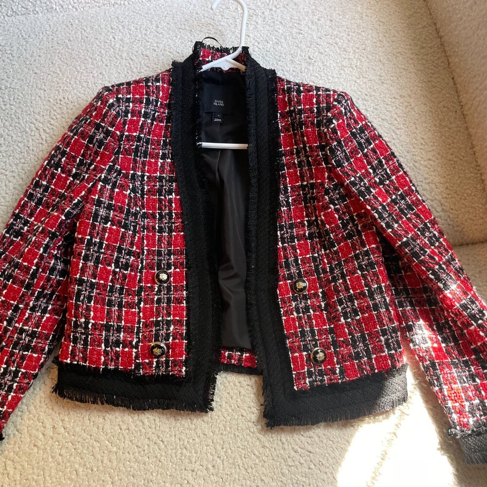 River Island Red Check Boucle 3/4 Sleeve Jacket